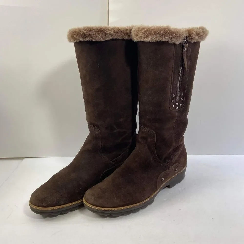Aquatalia w's Brown Suede Faux Fur Lined Winter Boots Studded  Mid Calf US10,5
